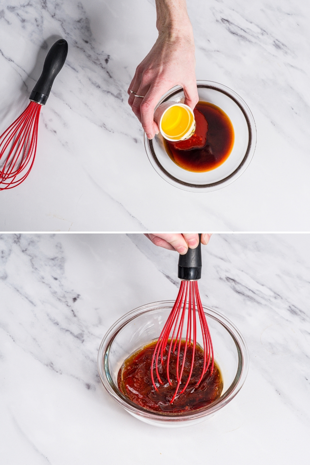 Two photos of a small glass bowl with Korean sticky chicken sauce. The first photo shows oil being added to the sauce. The second photo shows a whisk mixing the sauce .