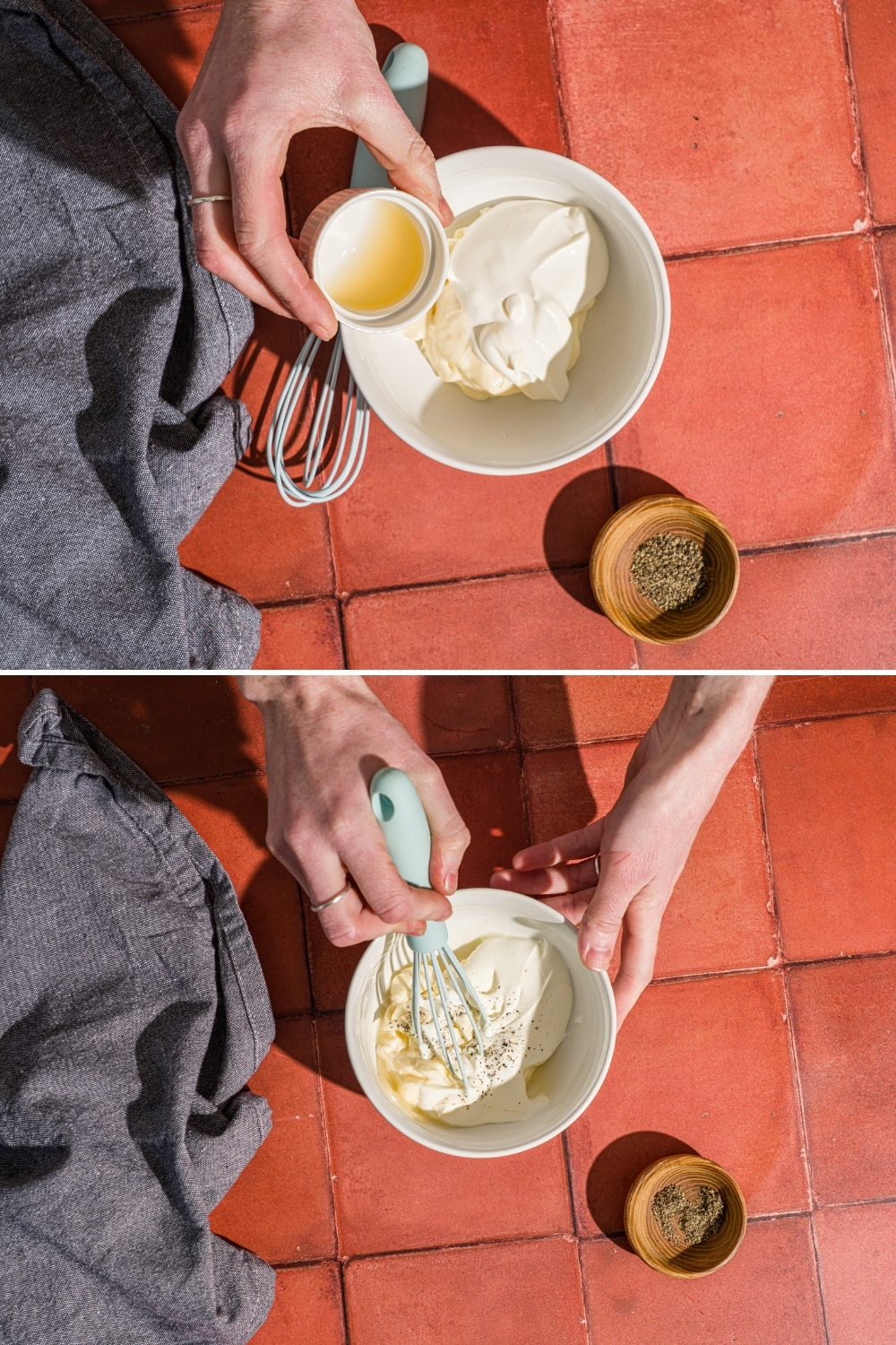 Two photos of a white bowl with ingredients being added to make creamy lime dip. The first photo shows lime juice being added to the bowl with mayo and sour cream. The second photo shows hands whisking the dip with a whisk. The bowl is on a red tiled counter with a small bowl of pepper and blue cloth napkin.
