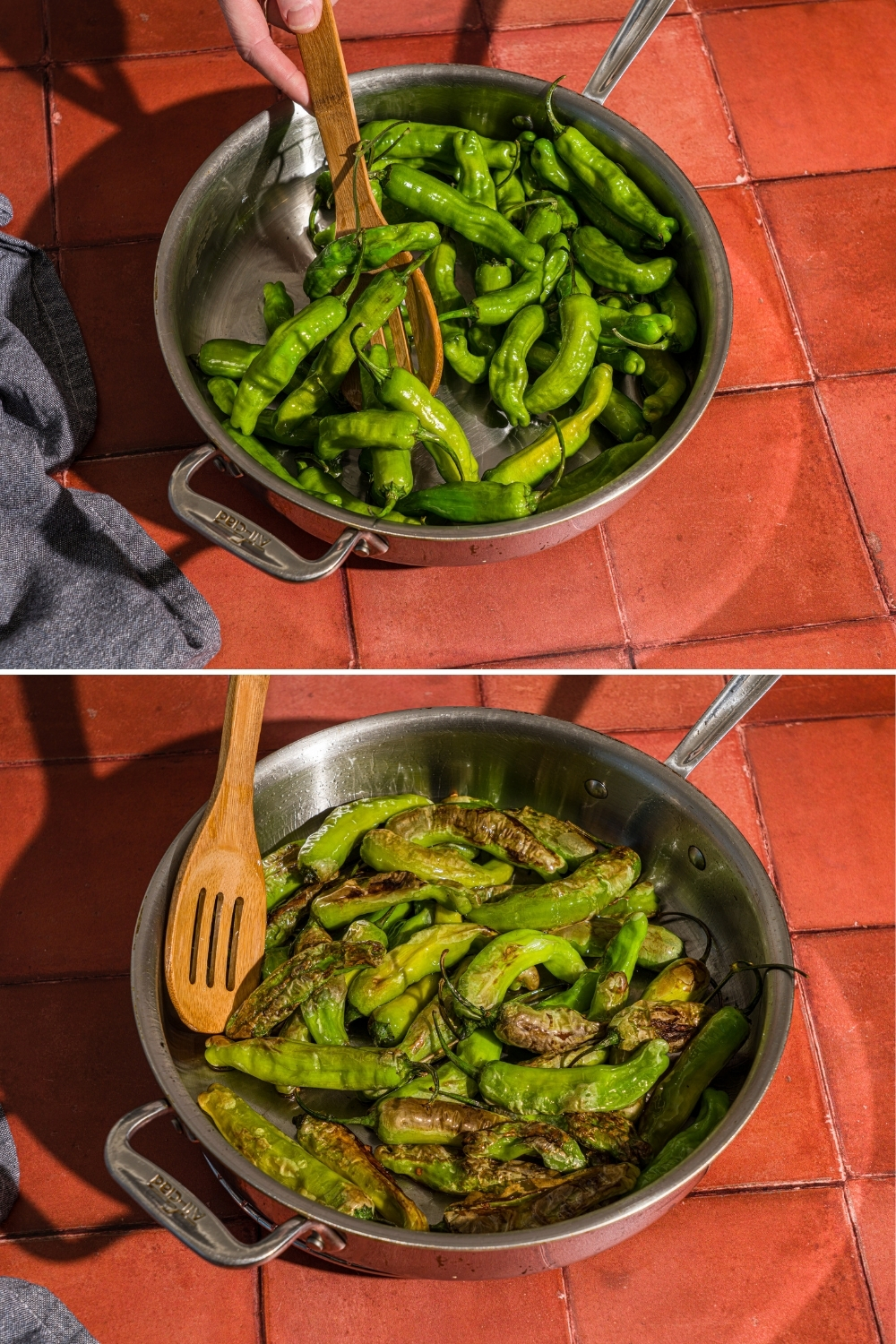 Two photos of a skillet with shishito peppers blistering in oil. There is a wooden spoon stirring the peppers. The skillet is on a red tiled counter with a blue cloth napkin.