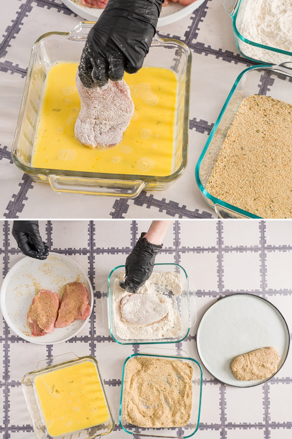 Two photos of pork cutlets being breaded. The first photo shows the floured cutlet being dipped into a glass baking dish wtih an egg mixture. The second photo shows several plates for a breading station including an egg mixture, flour mixture, breadcrumbs, and plate with pork chops. A pork chop is being dipped into the flour bowl.