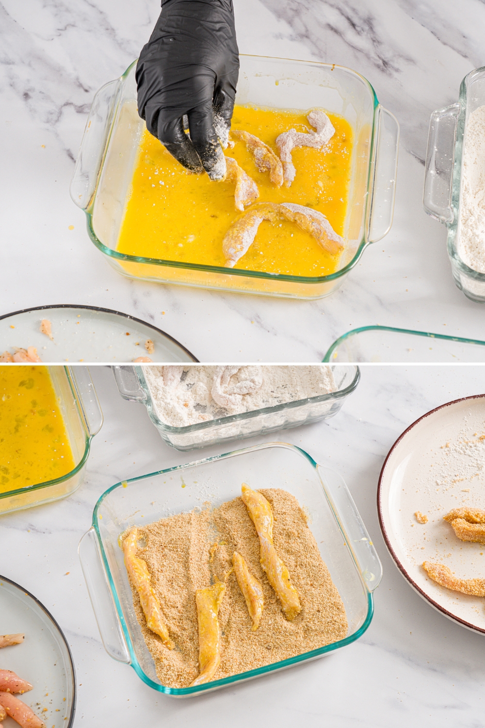 Two photos of a breading station for chicken fries. The first photo shows a glass baking dish with an egg mixture and several floured chicken fries being dipped in the egg. The second photo shows the egg-dipped fries being dipped in a glass baking dish with breadcrumbs.