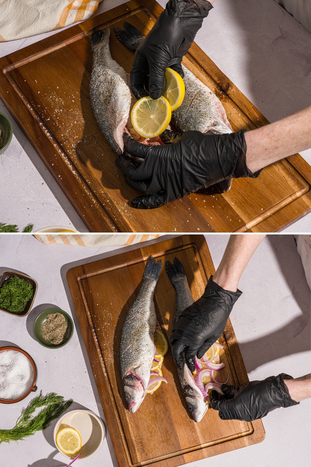 Two photos of two branzinos on a wooden board. The first photo shows sliced lemon being stuffed into the fish. The second photo shows sliced red onion being stuffed into the fish.