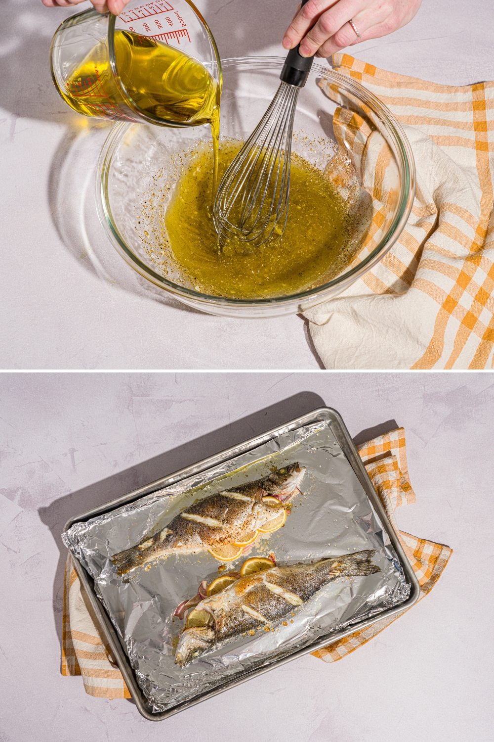 A glass bowl with a whisk mixing ladolemono dressing as oil is being poured into the bowl. The second photo shows a baking sheet lined with foil with two whole branzinos drizzled with ladolemono dressing. The sheet is on a white counter with a yellow checkered napkin.