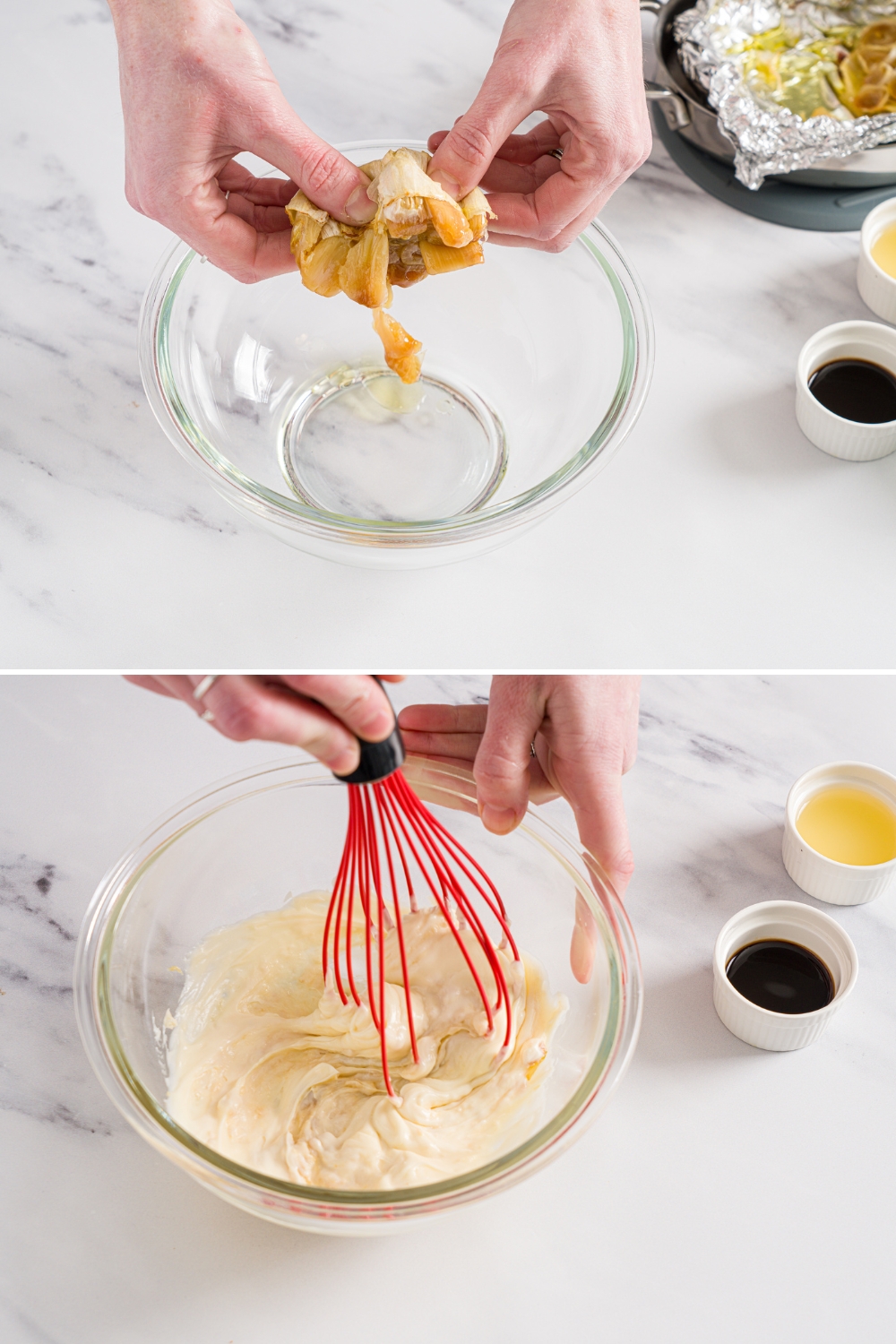 Two photos of garlic aioli being made in a glass bowl. The first photo shows roasted garlic being squeezed into a glass bowl. The second photo shows a whisk mixing additional aioli ingredients including mayo and lemon juice.