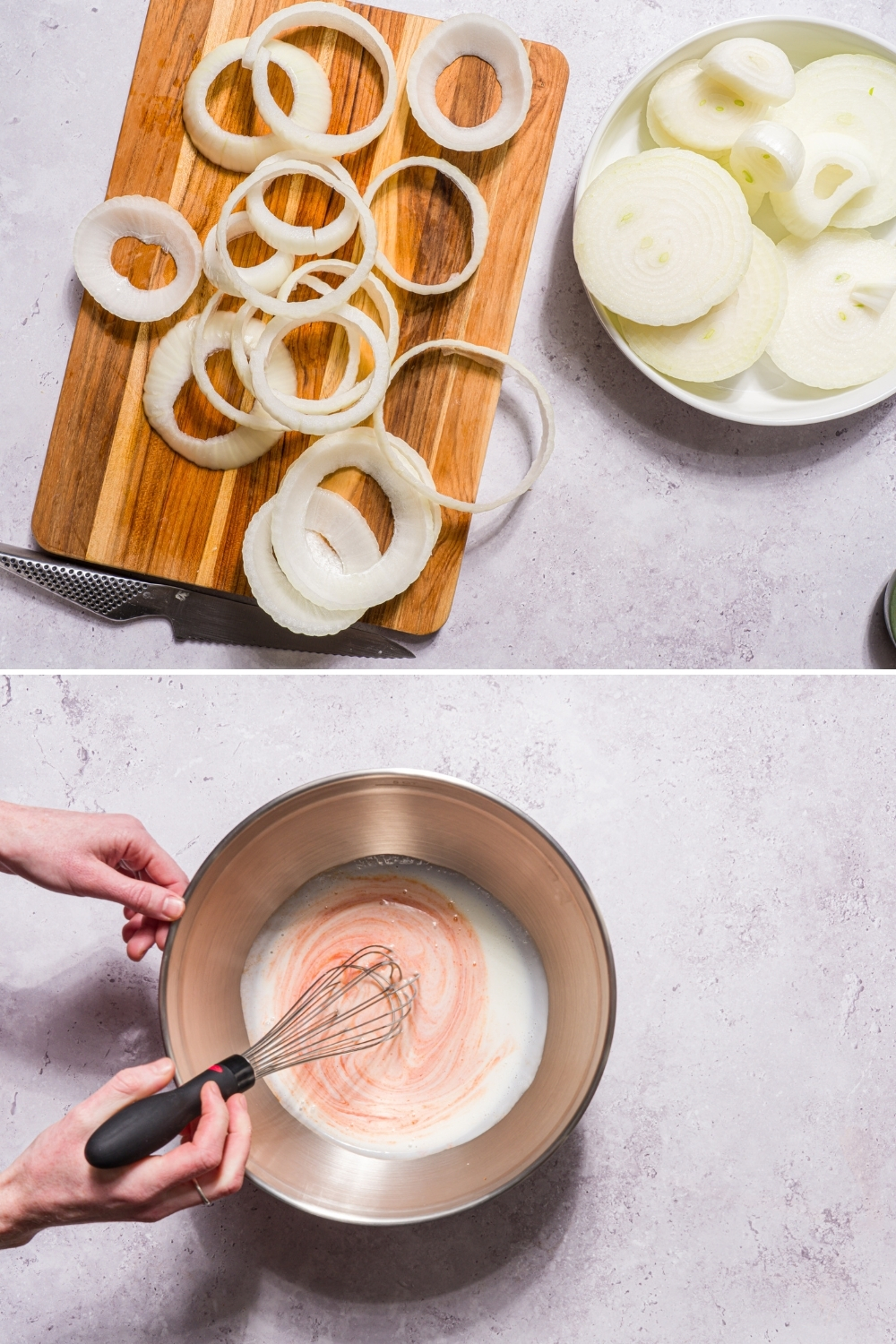 One photo of a wooden board with sliced onion rings on a stone counter with a bowl of halved onions. There is another picture of a bowl with a whisk mixing a buttermilk and hot sauce mixture.