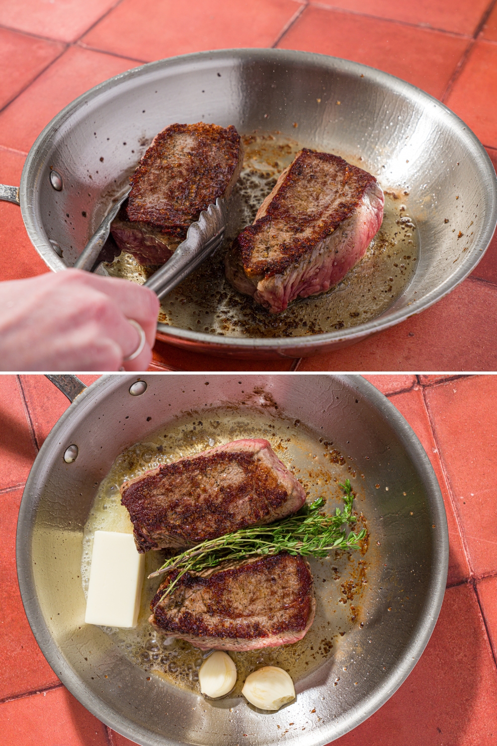 Two photos of a petite sirloin steak searing in a skillet. The first photo shows a pair of tongs flipping the steak. The second photo shows the steaks with rosemary and garlic.