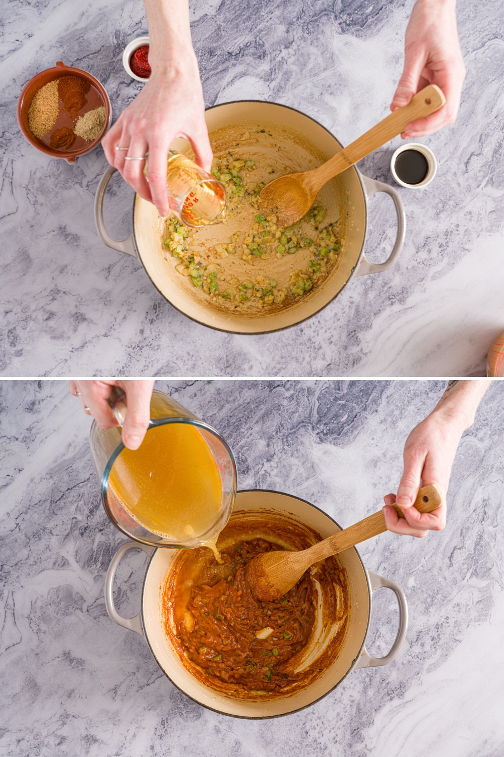 Two photos of a dutch oven with ingredients being added to make shrimp bisque base. The first photo shows diced celery and onion sautéing in oil. The second photo shows tomato shrimp stock being added to the mixture. The pot is on a marble counter.