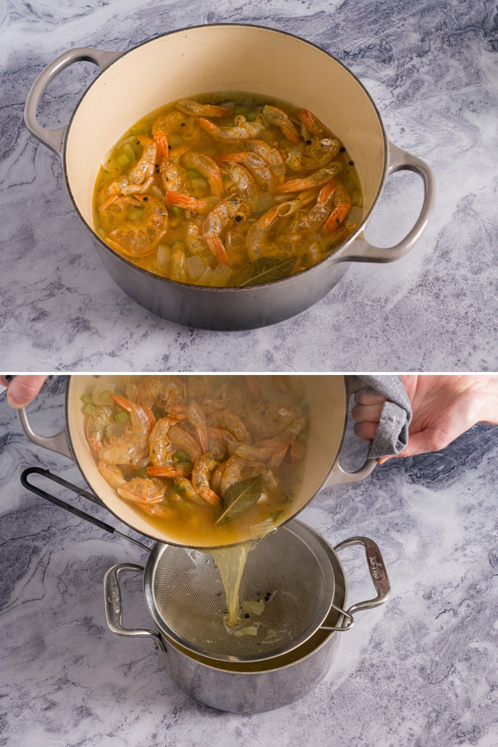 Two photos of a dutch oven preparing shrimp stock. The first photo shows cooked shrimp sells cooking in water and seasonings. The second photo shows the stock being poured over a pot with a sieve.