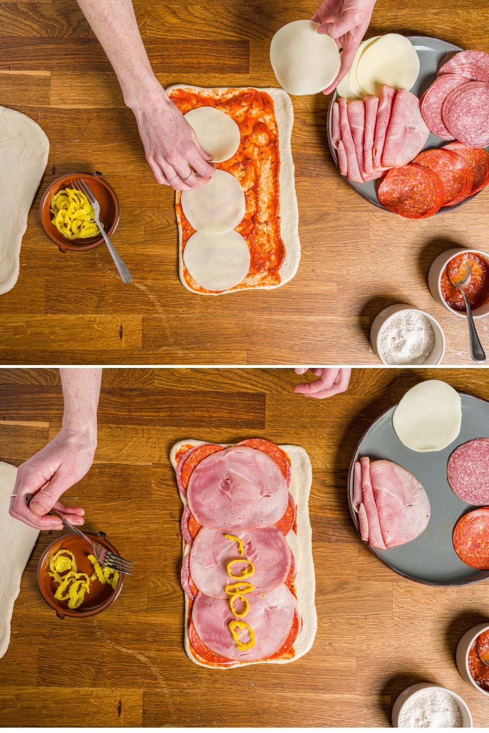 Two photos of a rolled out pizza dough with toppings to make stromboli. The first photo shows the dough covered with sauce with sliced provolone being added on top. The second photo shows additional meats layered on the dough including pepperoni and salami with banana pepper slices being added on top. The dough is on a wood counter with a plate of toppings.
