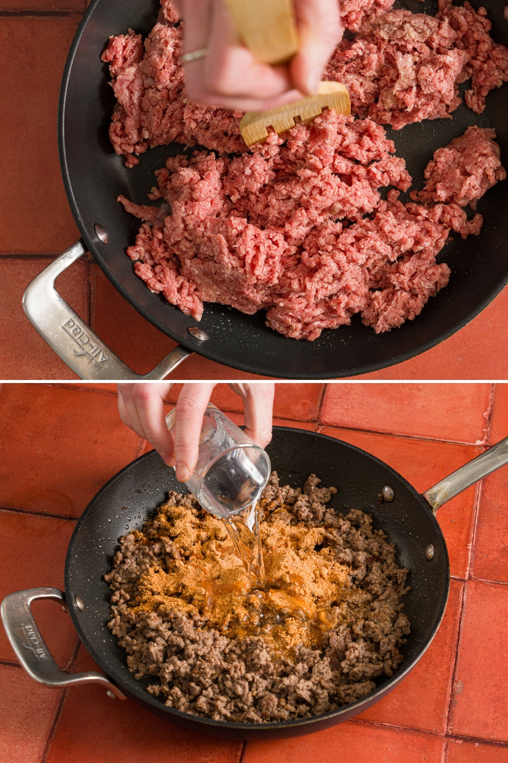 Two photos of a skillet cooking taco meat. The first photo shows a skillet with uncooked ground beef with a wooden spoon breaking up the meat. The second photo shows cooked ground beef topped with taco seasoning with water being poured into the skillet.