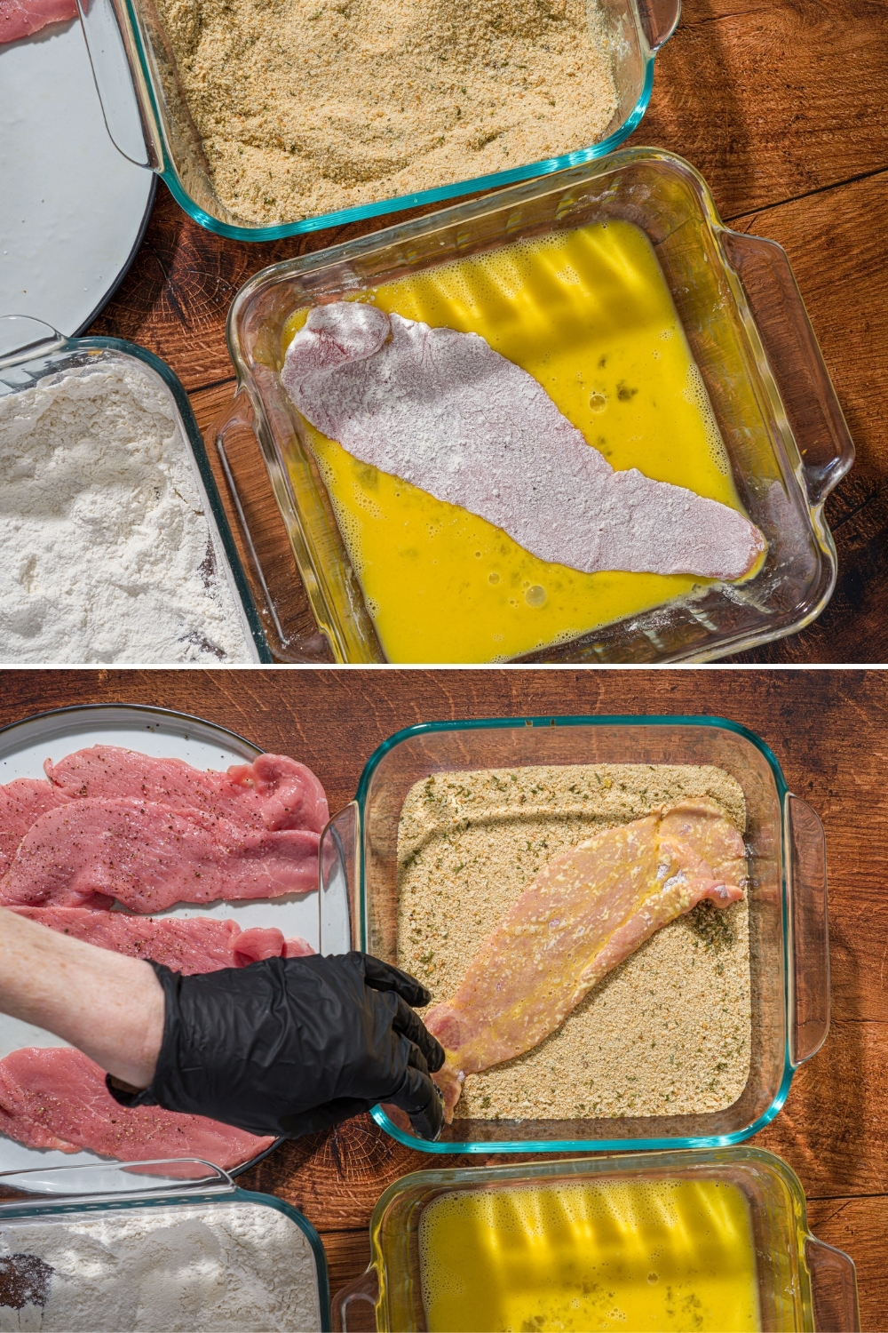 Two photos of veal cutlet being breaded. The first photo shows the veal coated in flour and being dipped into a glass dish with whisked egg. The second photo shows the veal being dipped in a glass dish with breadcrumbs.