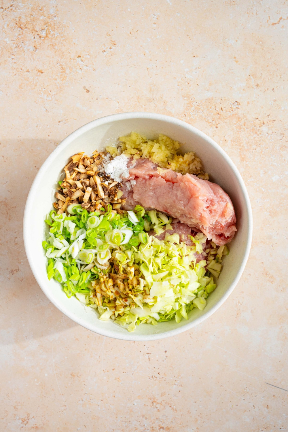 A white bowl with ingredients to make a pork mixture for dumpling lasagna including ground pork, cabbage, green onion, mushrooms, ginger, and garlic. The bowl is on a tan counter.