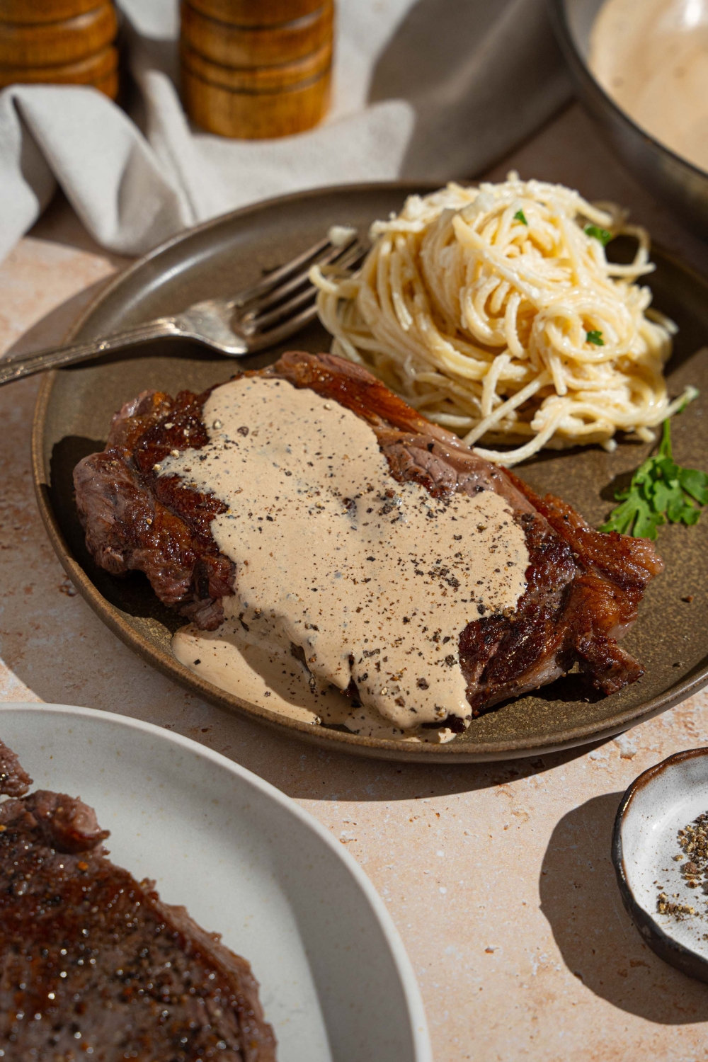 Peppercorn sauce served over steak. The steak is on a plate with a side of spaghetti. There is a fork on the plate. The plate is on a tan counter with a plate of steak.