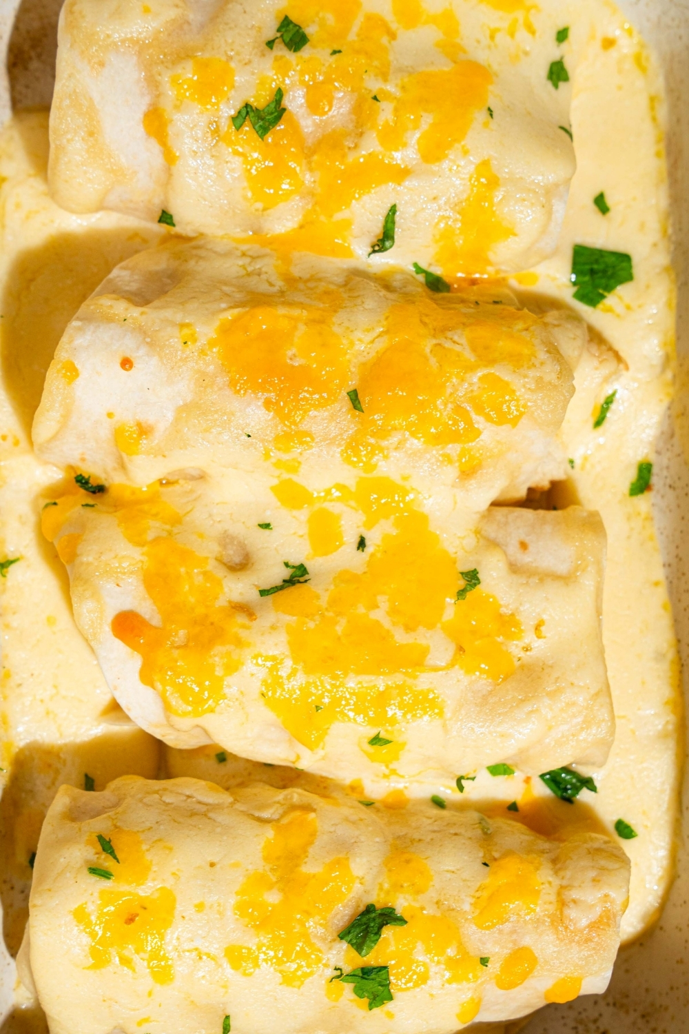 A baking dish with baked enchiladas in sour cream sauce garnished with fresh parsley.