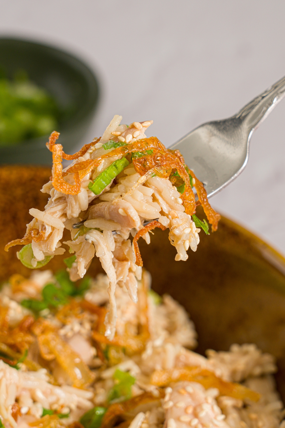 A close up of a fork with a bite of viral Costco chicken, scallion, and rice. There is a bowl of chicken, scallion, and rice blurred in the background.
