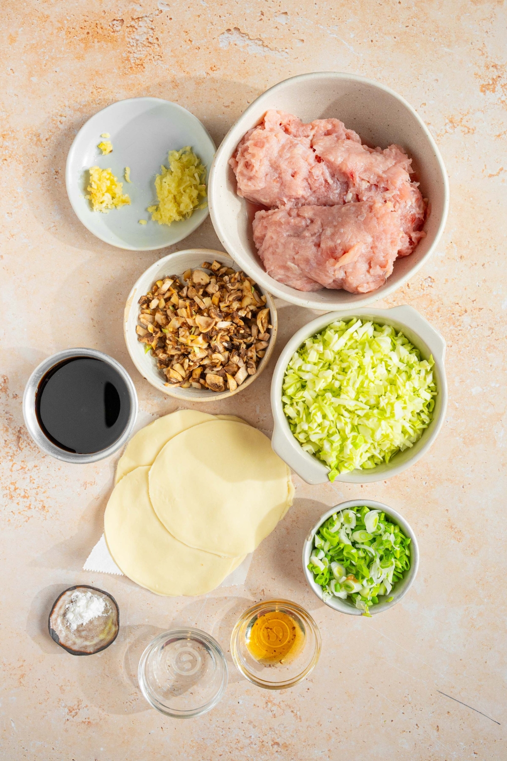 An overhead shot of several bowls in various sizes containing ingredients to make dumpling lasagna including ground pork, sliced green onion, cooked mushrooms, cabbage, wonton wrappers, ginger, garlic, sesame oil, oyster sauce, and more.