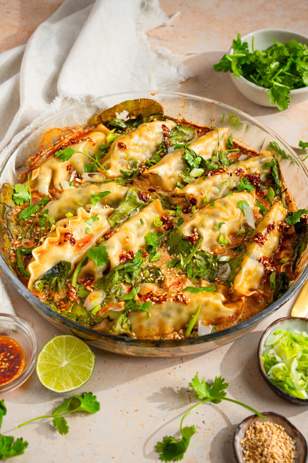 A bunch of viral baked dumplings in a glass bowl.