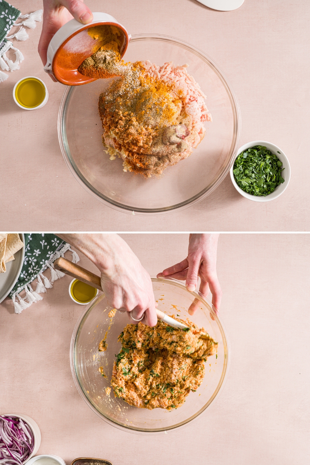 Two photos of a glass bowl mixing ingredients to make chicken kefta. The first photo shows seasonings being added to a bowl with ground chicken. The second photo shows a spatula mixing the chicken mixture. The bowl is on a tan counter with small bowls of ingredients.