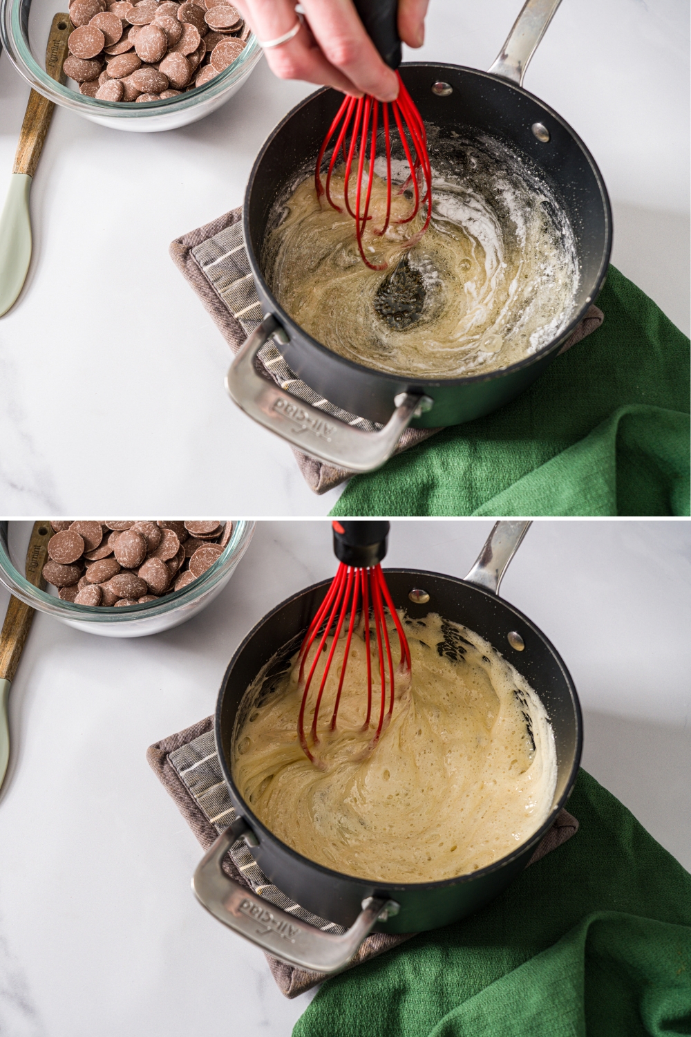 Two photos of a whisk mixing a sponge candy mixture in a saucepan. The first photo shows the saucepan with sugar, water, corn syrup, and honey. The second photo shows the saucepan with baking soda in the mixture.