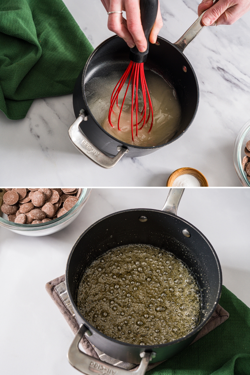 Two photos of a saucepan on a marble counter. The first photo shows a whisk mixing a sugar water mixture. The second photo shows the mixture boiling and hardening.
