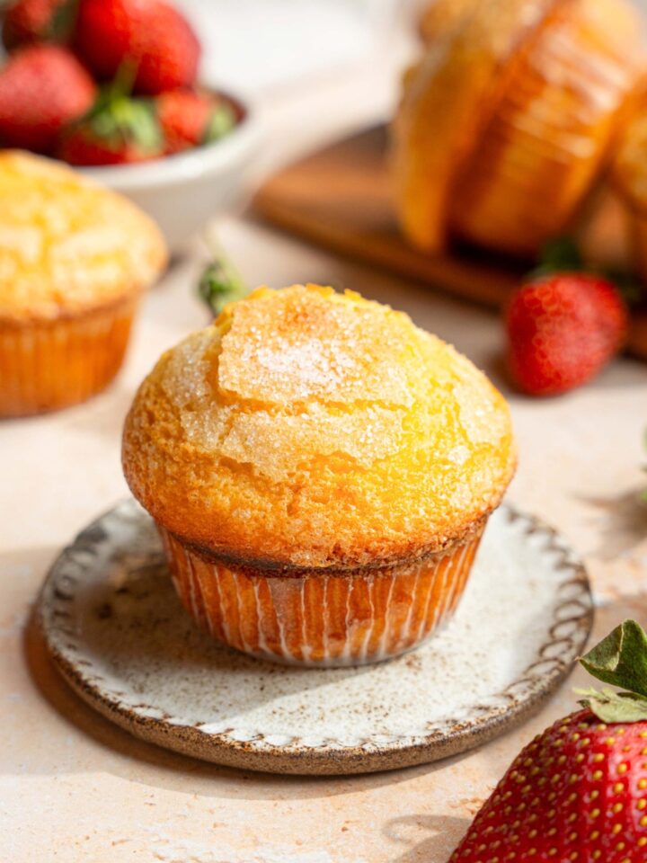 A vanilla muffin on top of a small round white plate. There are two more vanilla muffins behind it.