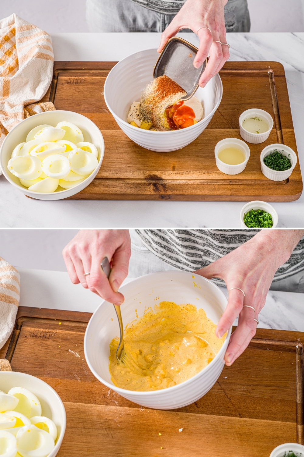Two photos of a white bowl with ingredients to make Master's egg salad. The first bowl shows seasonings being added to the mixture. The second photo shows a spoon stirring the mixture. The bowl is on a wooden board with small bowls of ingredients.