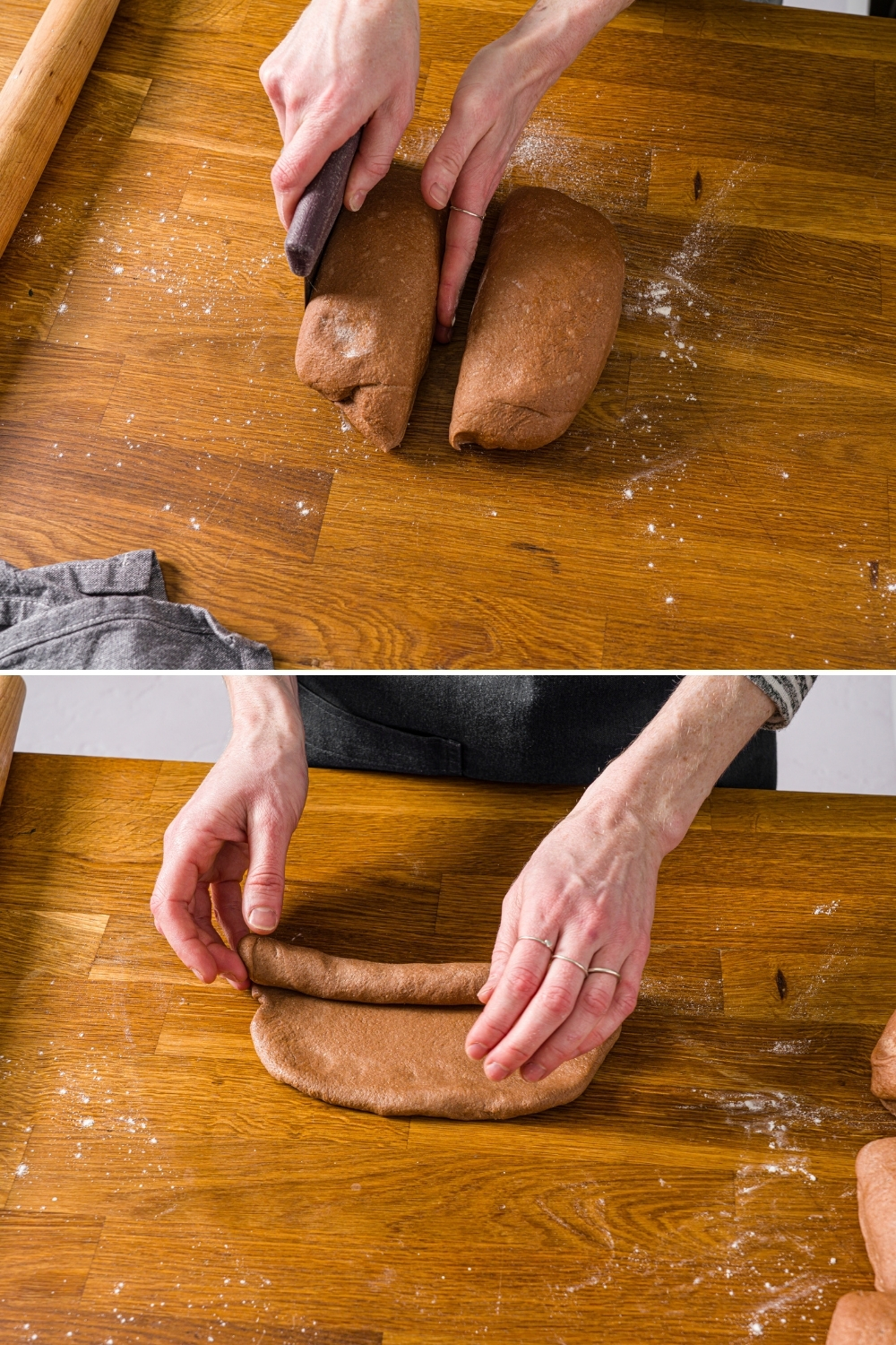 Two photos of Outback sweet molasses brown bread dough being shaped into loaves. The first photo shows the dough being cut in half. The second photo shows the dough rolled out with a rolling pin then being rolled into an oval shape.