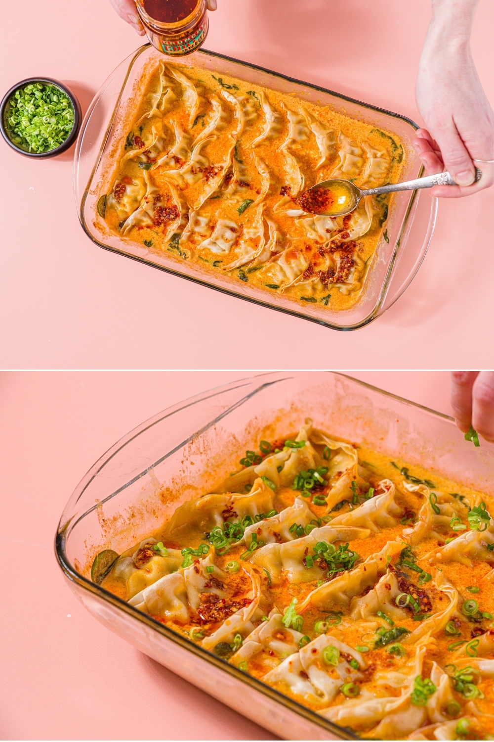 Two photos of a glass baking dish with Trader Joe's chili crisp dumpling bake. The first photo shows a spoon of Trader Joe's chili onion crunch being added to the bake. The second photo shows sliced green onion being sprinkled over the bake.