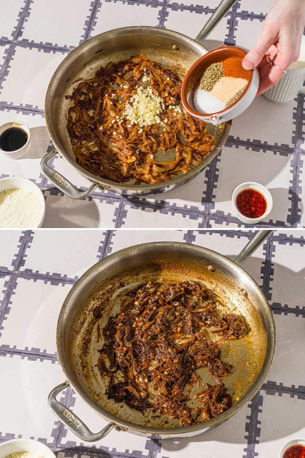 Two photos of a skillet on a tiled counter preparing caramelized onions. The first photo shows seasonings being added to caramelized onions. The second photo shows a seasoned caramelized onion mixture.
