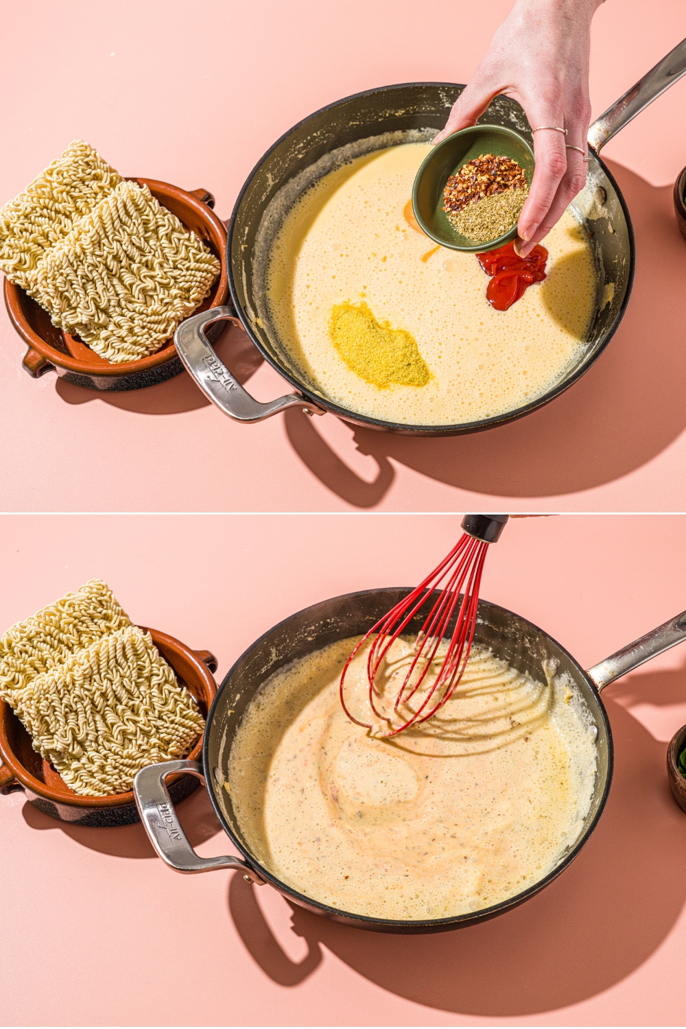 Two photos of a skillet with cheesy sauce for maggi noodles. The first skillet shows a bowl of seasonings being added to the skillet. The second photo shows a whisk mixing the cheese sauce.
