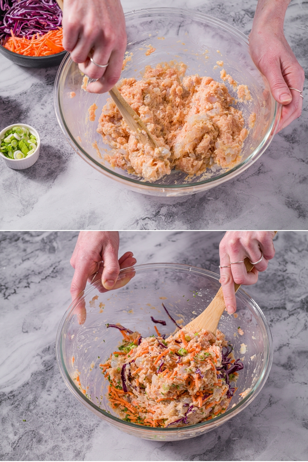 Two photos of a glass bowl with ingredients to make a chicken and shrimp dumplings mixture. The first photo shows a wooden spoon mixing ground chicken and onion. The second photo shows a wooden spoon stirring shredded vegetables into the mixture.