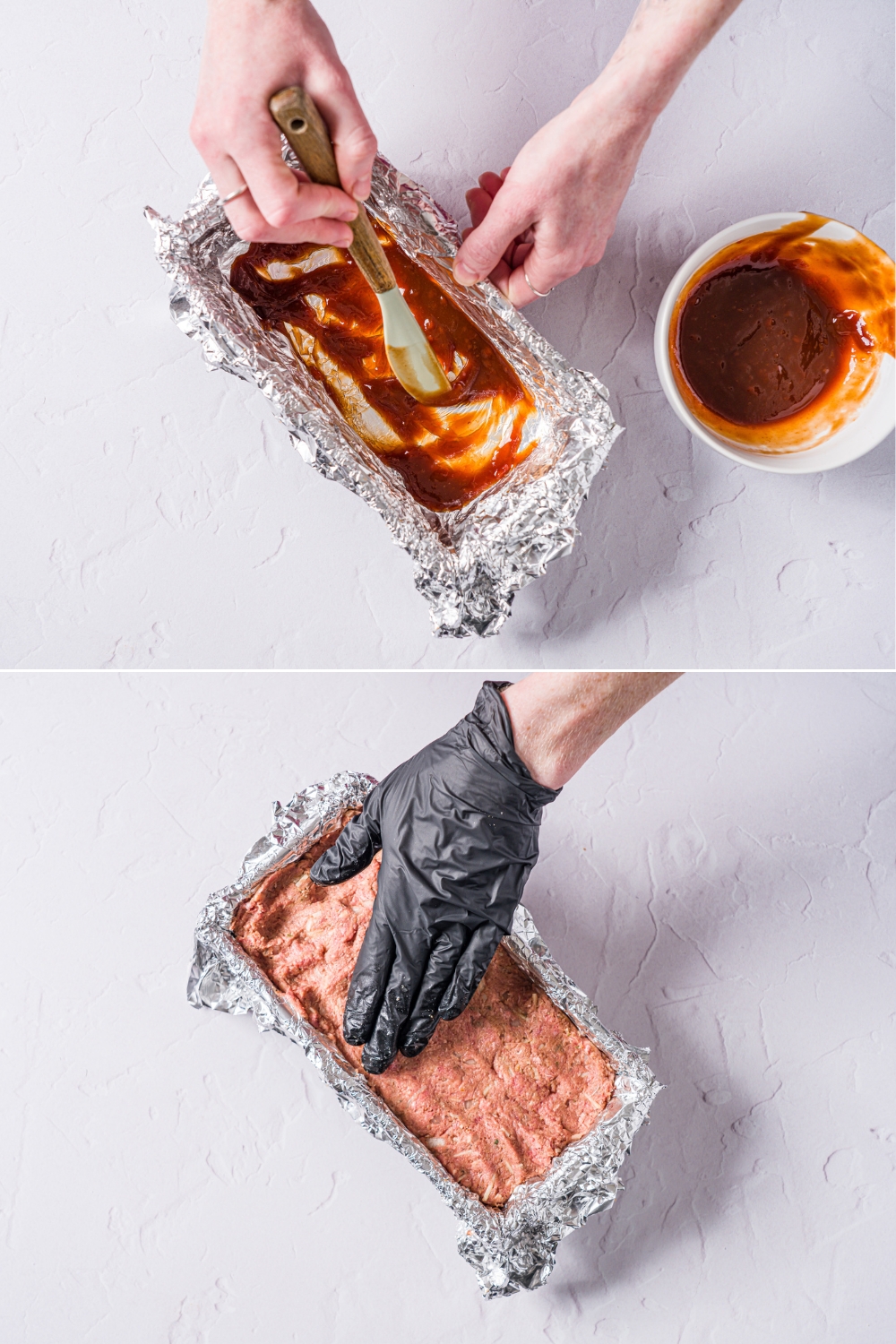 Two photos of a foil lined bread pan being prepped for meatloaf recipe. The first photo shows a spatula spreading a glaze over the base of the pan. The second photo shows meat being formed in the pan.