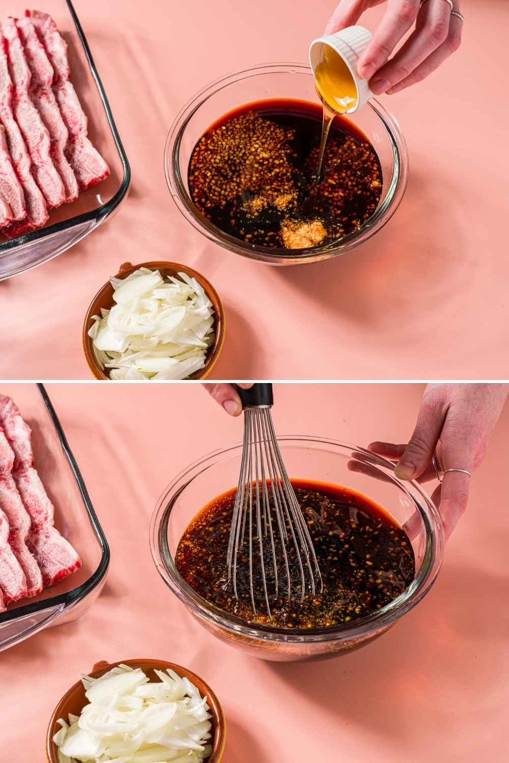 Two photos of a glass bowl with ingredients being added to make flanken beef short rib marinade. The first photo shows honey being added to a marinade mixture. The second photo shows a whisk mixing the marinade.