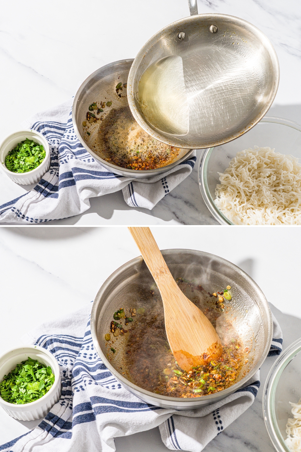 Two photos of a mixing bowl with a chili sauce mixture. The first photo shows a skillet adding hot oil to the bowl. The second photo shows a wooden spoon mixing the garlic chili oil.