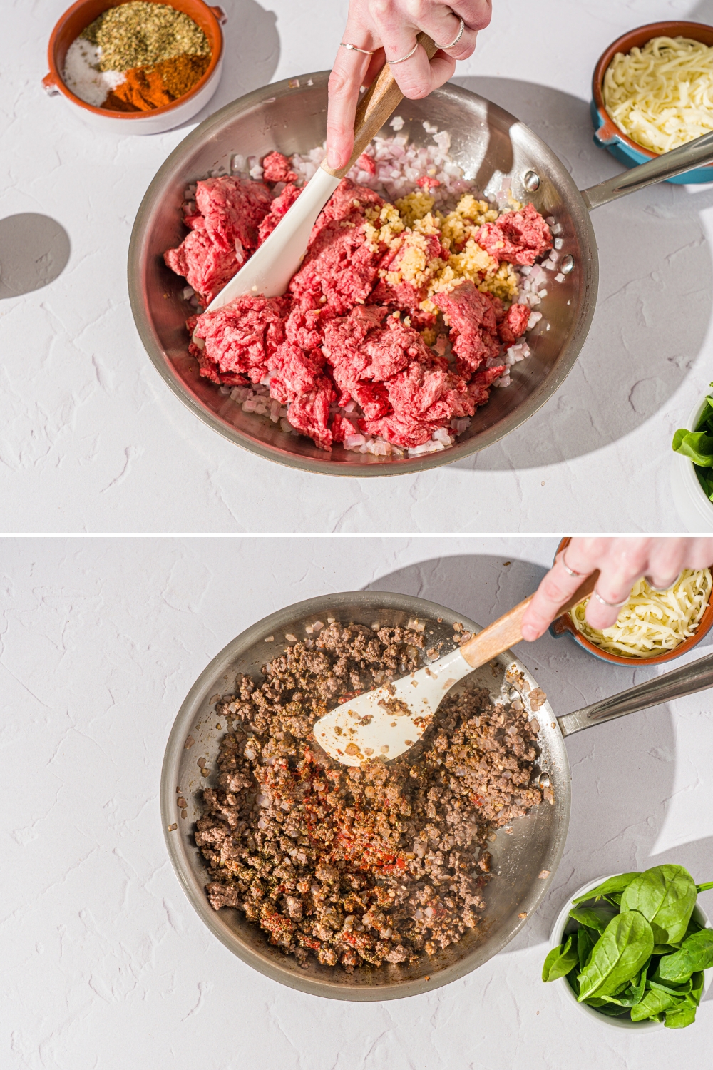 Two photos of a skillet cooking a beef mixture for loaded sweet potatoes. The first photo shows a skillet with uncooked ground beef, garlic, and onion with a spatula. The second photo shows a cooked beef mixture with a spatula mixing seasonings in the beef.