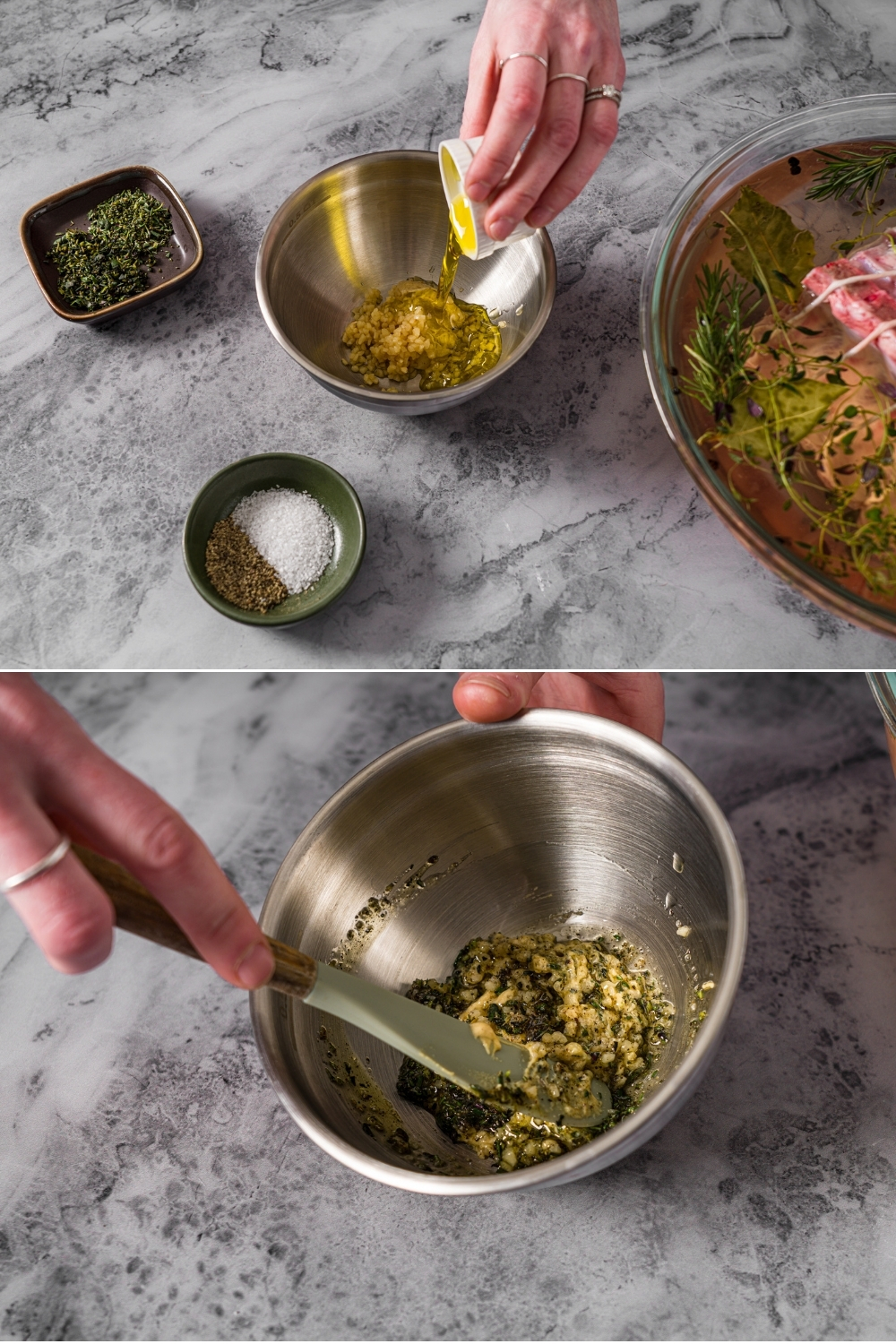 Two photos of a small bowl with ingredients to make a seasoned mustard mixture. The first photo shows olive oil being added to the bowl. The second photo shows a spatula stirring the mixture. The bowl is on a marble counter.