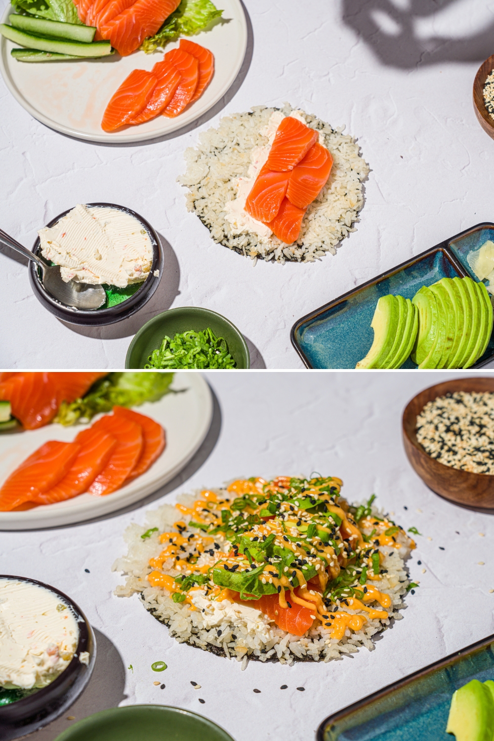Two photos of a white counter with an open nori sheet topped with sushi rice. The first photo shows cream cheese and salmon being added to the nori sheet. The second photo shows the salmon topped with avocado, green onion, sriracha mayo, and sesame seeds.