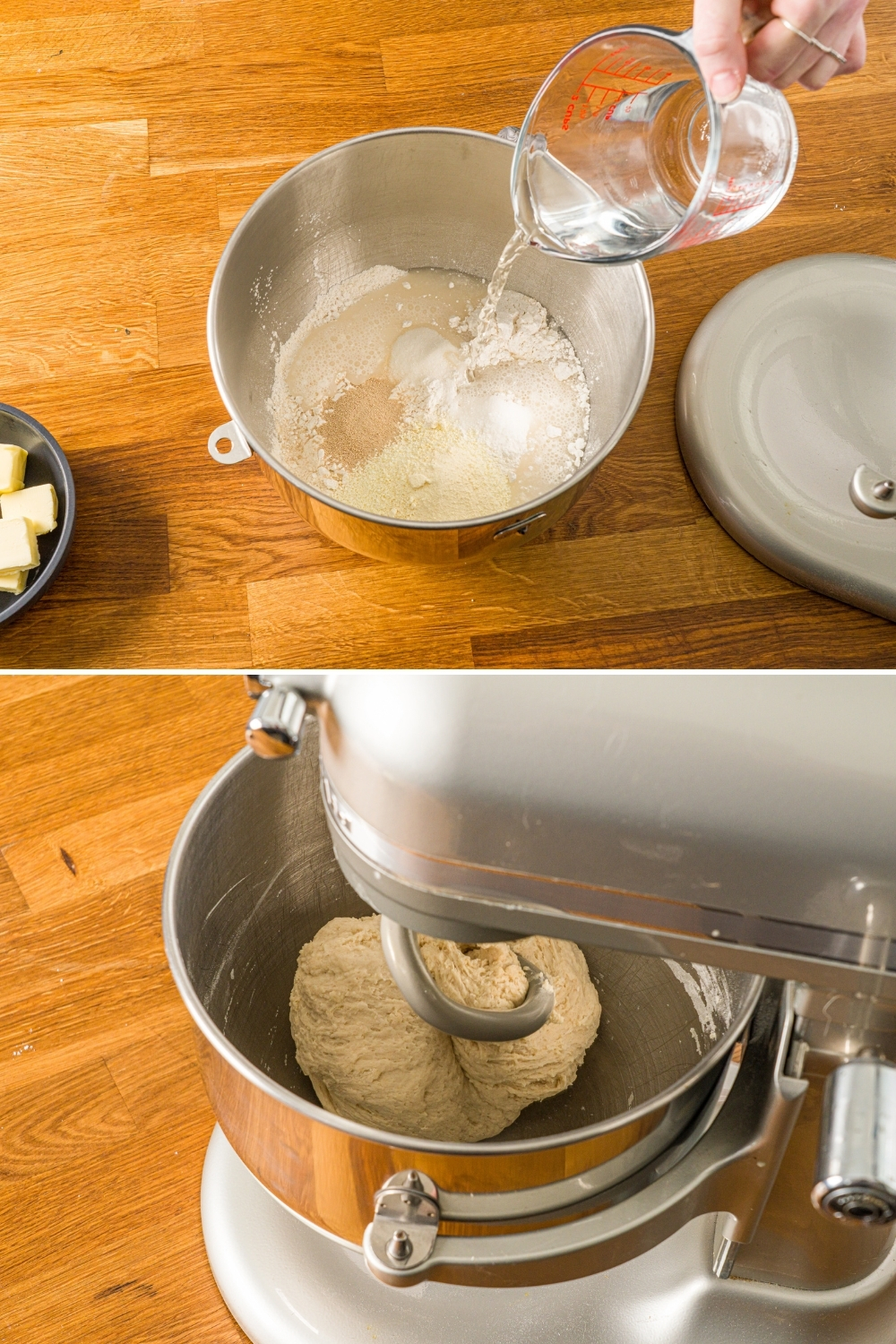 Two photos of a mixing bowl with ingredients to make salt bread dough. The first photo shows water being added to the mixture. The second photo shows a mixer mixing the dough. The mixer is on a wooden counter.