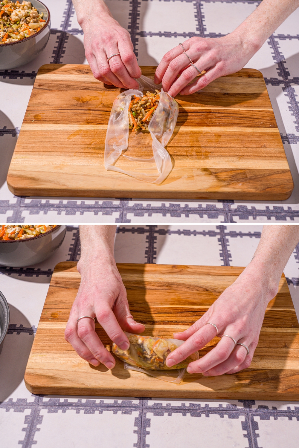 Two photos of a wooden board with a vegetable mixture being wrapped in rice paper to make dumplings.