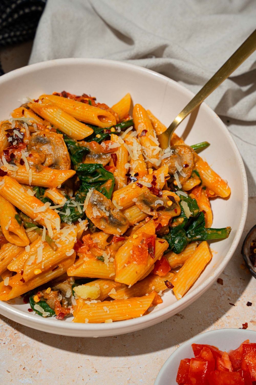 A white plate with penne rosa tossed in spinach and mushrooms and garnished with shredded parmesan. There is a fork in the bowl. The plate is on a tan counter with a white cloth napkin.