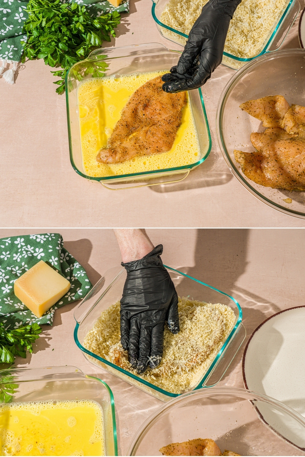 Two photos of seasoned chicken cutlet being breaded. The first photo shows the cutlet in a glass dish with whisked egg. The second photo shows the cutlet dipped in egg and dredged in breadcrumbs.