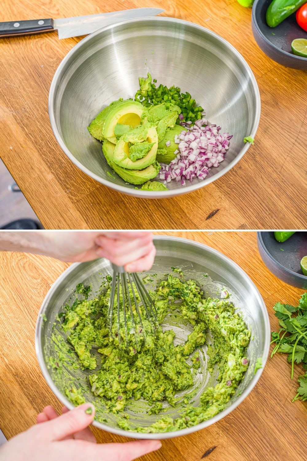 Two photos of a large mixing bowl on a wooden counter. The first photo shows the bowl with ingredients to make guacamole including avocado, red onion, and cilantro. The second photo shows a whisk mixing the guacamole.