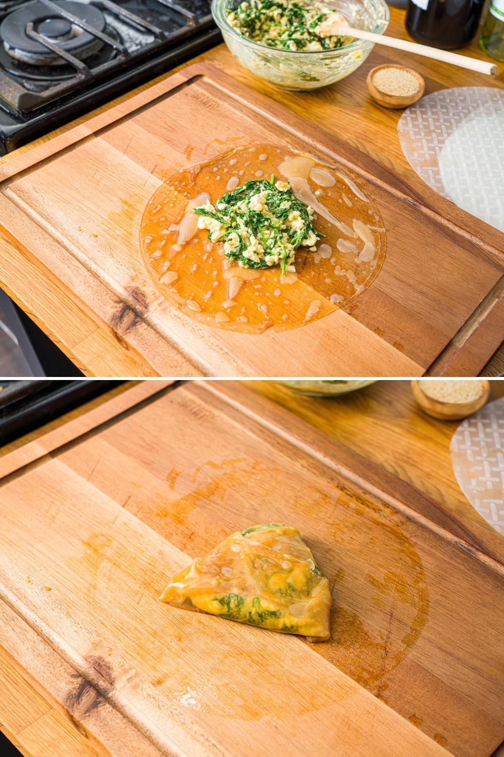 Two photos of a wooden board with an open rice paper sheet. The first photo shows spanakopita filling in the middle of the sheet. The second photo shows the filling wrapped in the sheet.