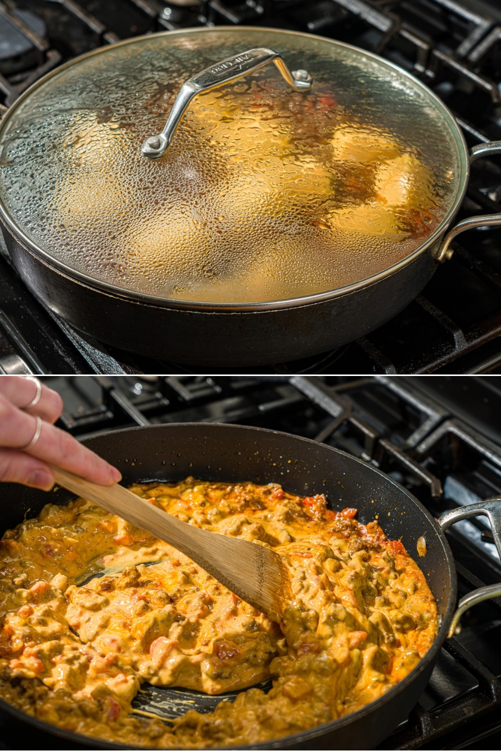 Two photos of a skillet preparing rotel taco meat. The first photo shows the skillet with seasoned ground beef and velveeta cheese covered with a lid. The second photo shows a wooden spoon mixing the cheese and beef mixture.