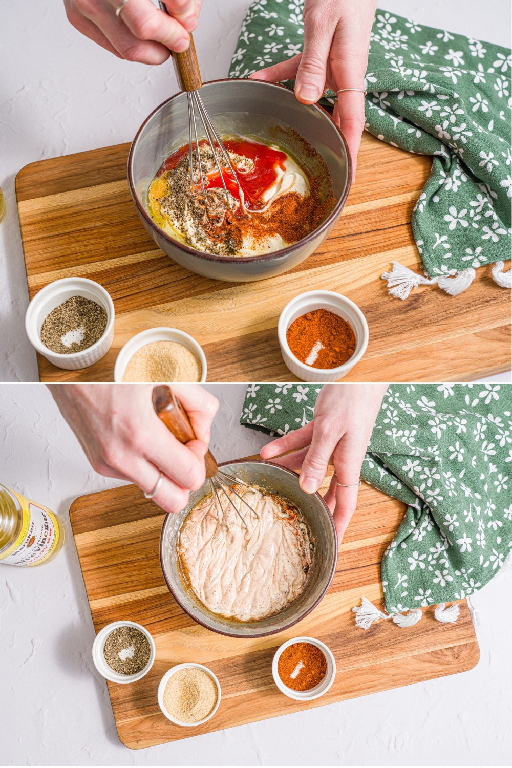 Two photos of a bowl with ingredients to make yum yum hibachi sauce. The first photo shows a whisk mixing the ingredients. The second photo shows a whisk mixing the sauce. The bowl is on a wooden board with small bowls of seasonings.