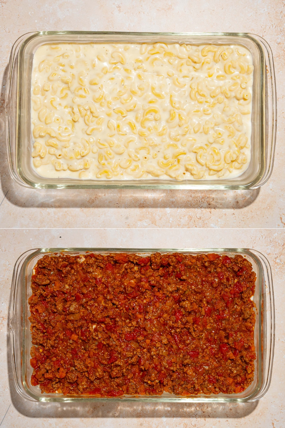 A two-way split picture the top is a glass, baking dish with noodles and cream sauce in it and below that is a glass baking dish with a meat sauce on top of the cream and noodles for mac & cheese lasagna.