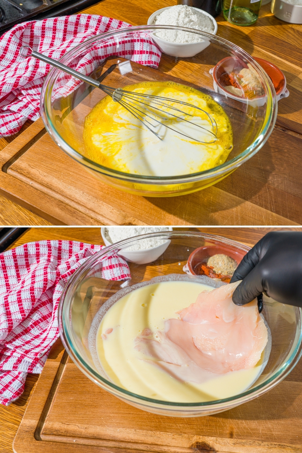 Two photos of a glass bowl on a wooden counter. The first photo shows a whisk mixing buttermilk and eggs. The second photo shows a pounded chicken breast being placed in the buttermilk mixture.