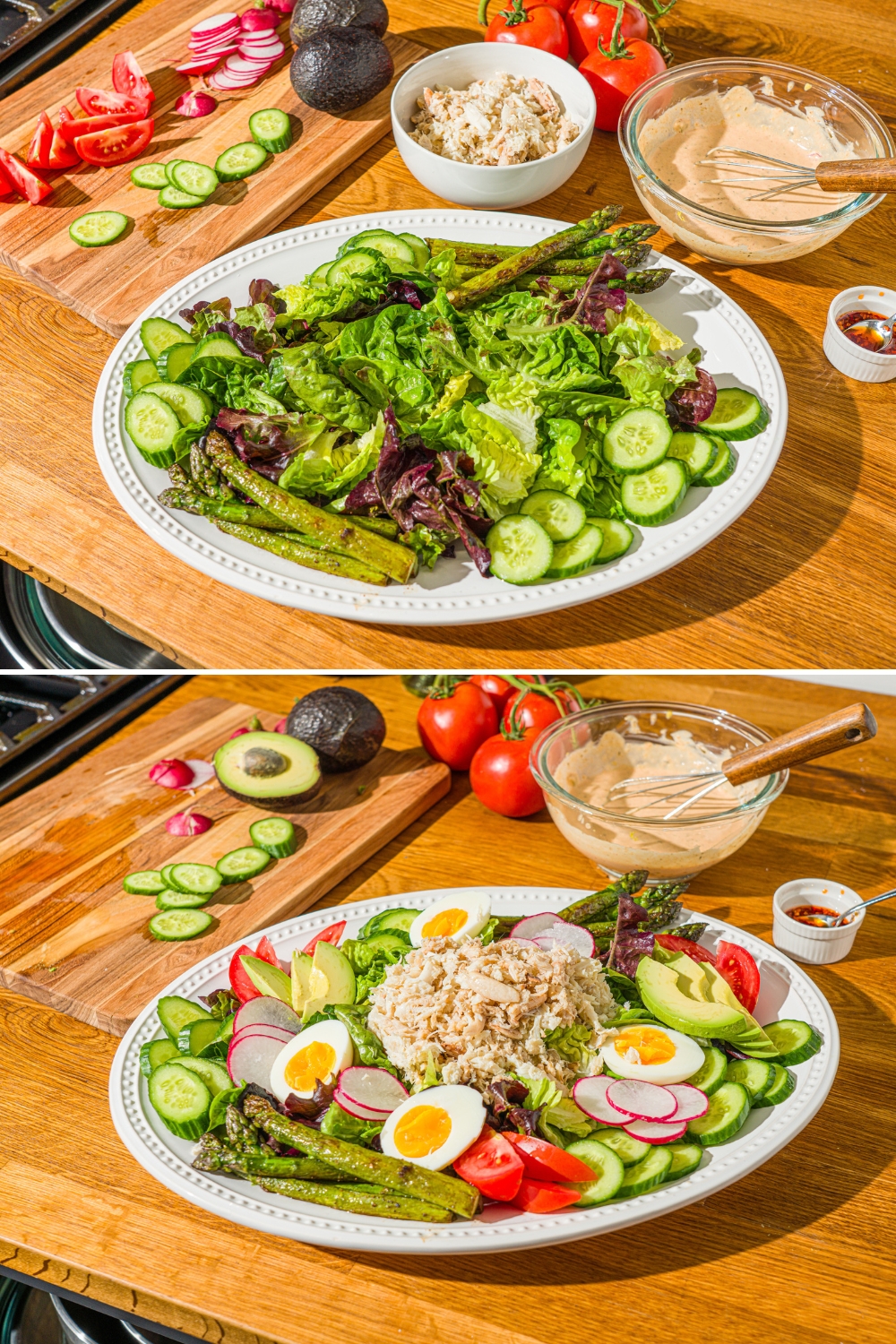 Two photos of an oval platter on a wooden counter. The first photo shows the platter with a bed of lettuce, asparagus, and sliced cucumbers. The second photo shows the platter with sliced tomatoes, radishes, hard boiled egg, avocado, and lump crab.