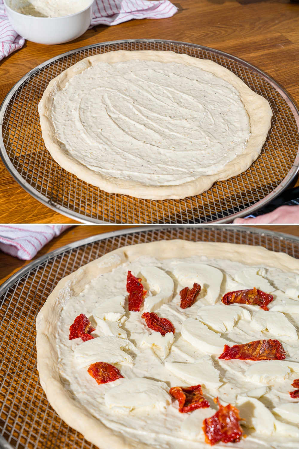 Two photos of a round pizza rack. The first photo shows a rolled pizza dough with garlic white pizza dough spread on it. The second photo shows roasted red peppers added to the top of the pizza.