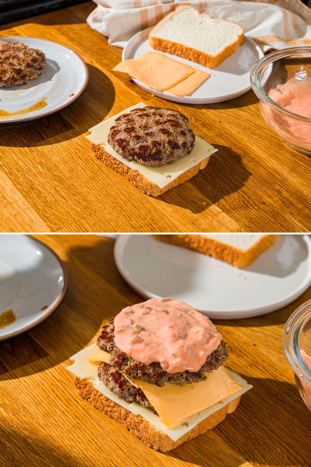 Two photos of a wooden counter with an open frisco melt. The first photo shows a slice of white bread, swiss cheese, and burger patty on the counter. The second photo shows a slice of cheese, a second burger patty, and frisco sauce layered on top.